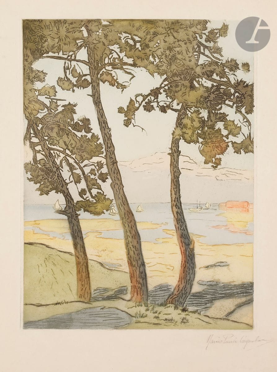 Marie-Paule Carpentier (1876-1915) 
Landscape with large pine trees and sailboats. About 1900. Soft varnish. 335 x 445. Printed in colors. Very nice proof on japon fort, signed in pencil. Short handling folds at the edges of the sheet. All margins. Rare.
