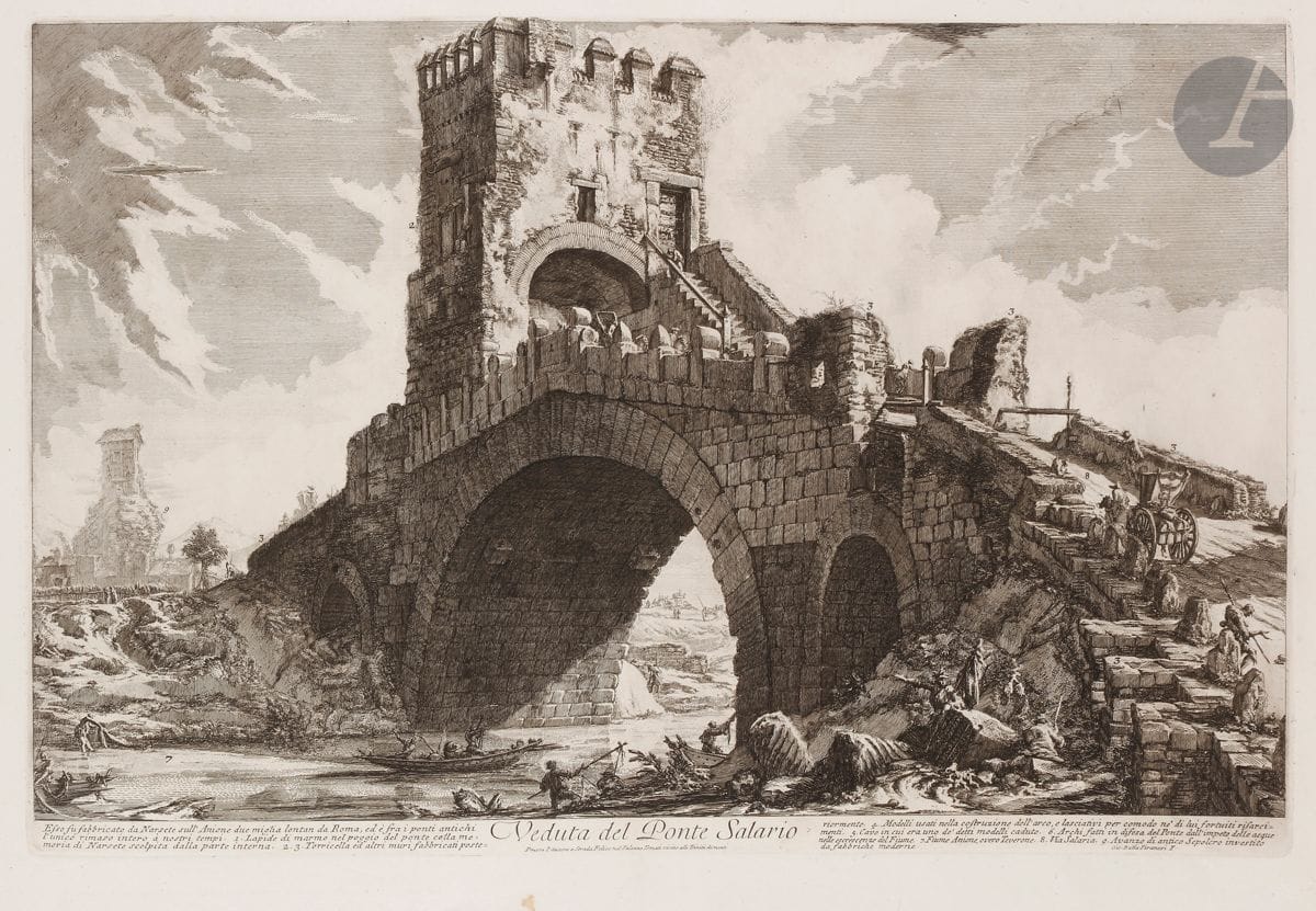 Giambattista Piranesi (1720-1778) 
Veduta del Ponte Salario. (View of the Salario Bridge). 1754. Etching and burin. 625 x 407 [770 x 540]. Hind 31 (iii/v). Very fine proof on strong laid paper, the price erased, before number 55. Folio number 56 in pen and sepia ink in the upper right corner. Normal median vertical fold. Small russet stain in lower margin. Left edge irregular, slightly ragged, with small binding tab holes. Wide margins. First Parisian edition.

