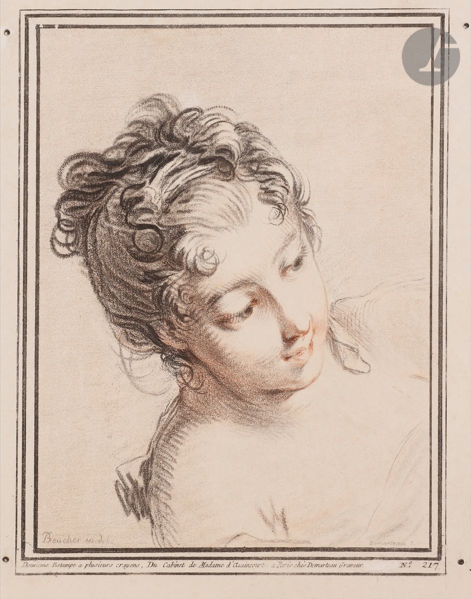 Gilles Demarteau (1729-1776) 
Tête de femme. Gravure en manière de crayon d’après Boucher. 175 x 232. Leymarie 217. Impression en couleurs. Très belle épreuve sur vergé. Infime oxydation du feuillet. Bonnes marges.
