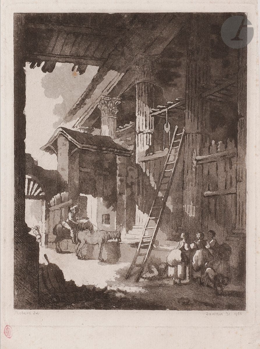 Saint-Non (Jean-Claude Richard, abbé de) (1727-1791) 
L’Abreuvoir aux chevaux. 1766. Eau-forte et aquatinte d’après Hubert Robert. 145 x 185. Bonne épreuve, lavée, les marges réduites. Courte déchirure au bord gauche. Ex-coll. V. Déséglise (Lugt 356c).