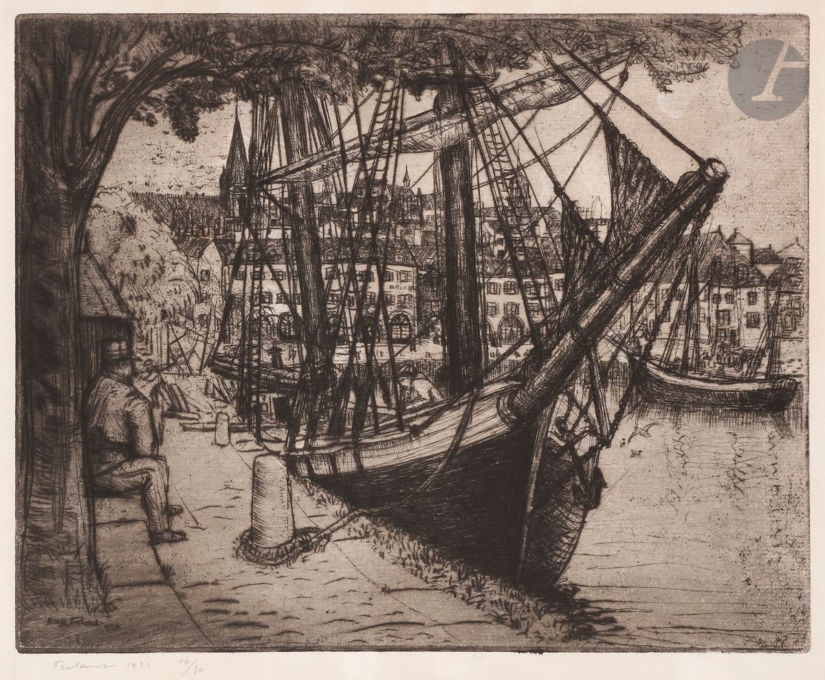Jean Frélaut (1879-1954) 
Old boat in the port (Vannes). 1921. Etching. 246 x 130. Delteil 197. Very nice proof printed with ground tint on ivory laid paper, signed, dated and numbered in pencil. Light traces of oxidation. All margins. Edition at 30 proofs.
