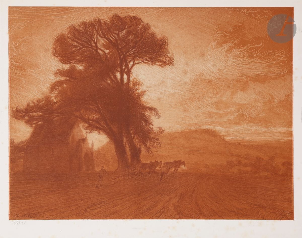 Charles Dulac (1865-1898) 
Jesu via et vita nostra… (La Terre, pl. VI de l’album Le Cantique des Créatures). 1894. Lithographie. 507 x 382. I.F.F. 2. Impression en couleurs. Très belle épreuve sur chine appliqué sur vélin blanc, signée des initiales et numérotée. En pied, annotation : « La Chapelle de Ménerville ». Rousseurs claires éparses. Pli cassé le long du bord latéral gauche du chine (visible surtout au verso). Restes de kraft gommé en tête au verso. Toutes marges.