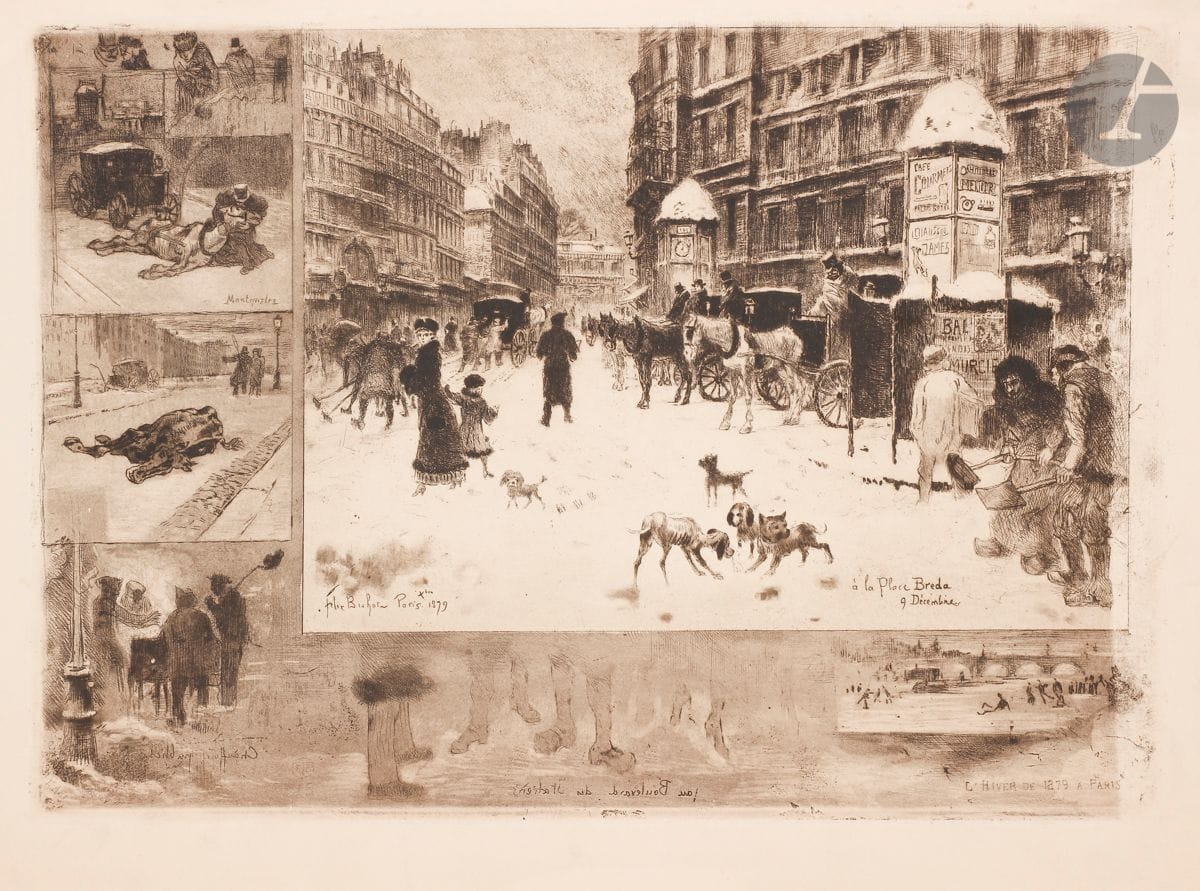 Félix Buhot (1847-1898) 
L’Hiver à Paris ou La Neige à Paris. 1879. Eau-forte, pointe sèche, roulette et aquatinte. 345 x 240. Bourcard-Goodfriend 128. Très belle épreuve d’un tirage postérieur sur vélin ivoire. Petite tache d’encre en pied. Toutes marges.