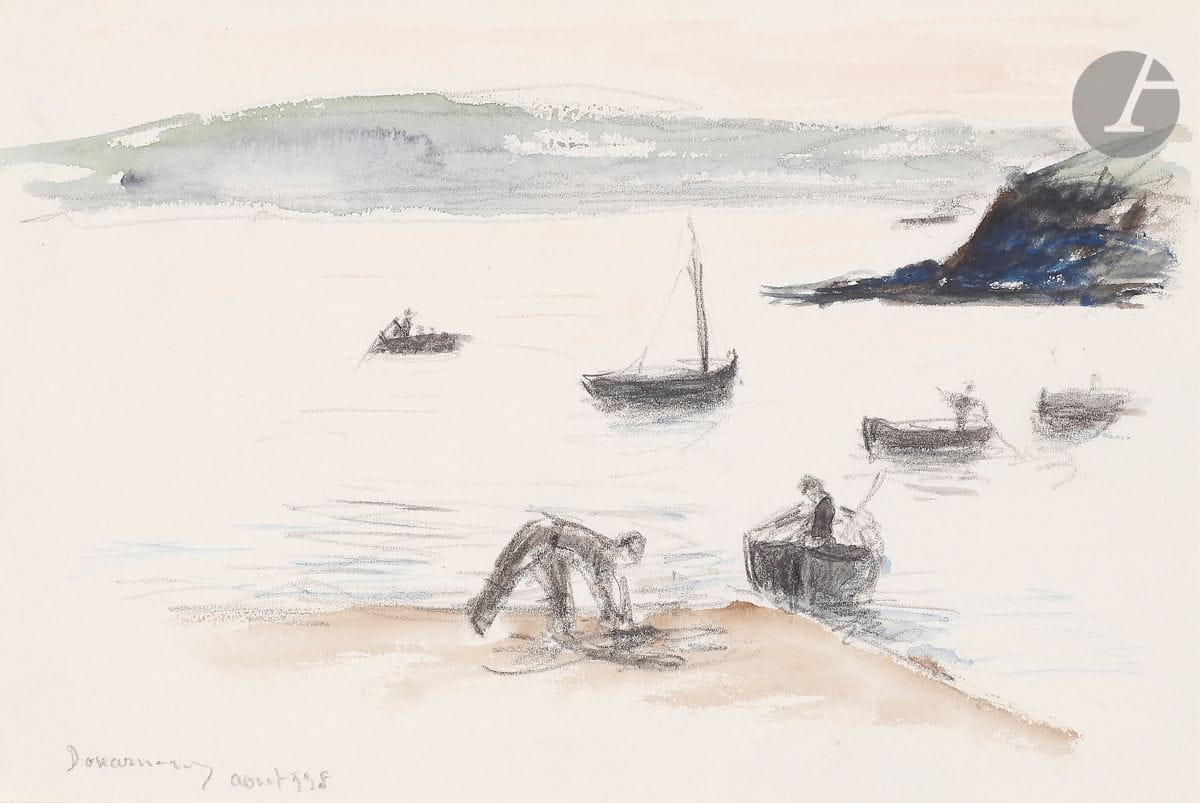 Jean Frélaut (1879-1954) 
Douarnenez. 1938. Aquarelle et mine de plomb sur vélin blanc mince doublé sur un autre feuillet. 215 x 140. Localisé et annoté « Août 1938 » au crayon en bas à gauche.