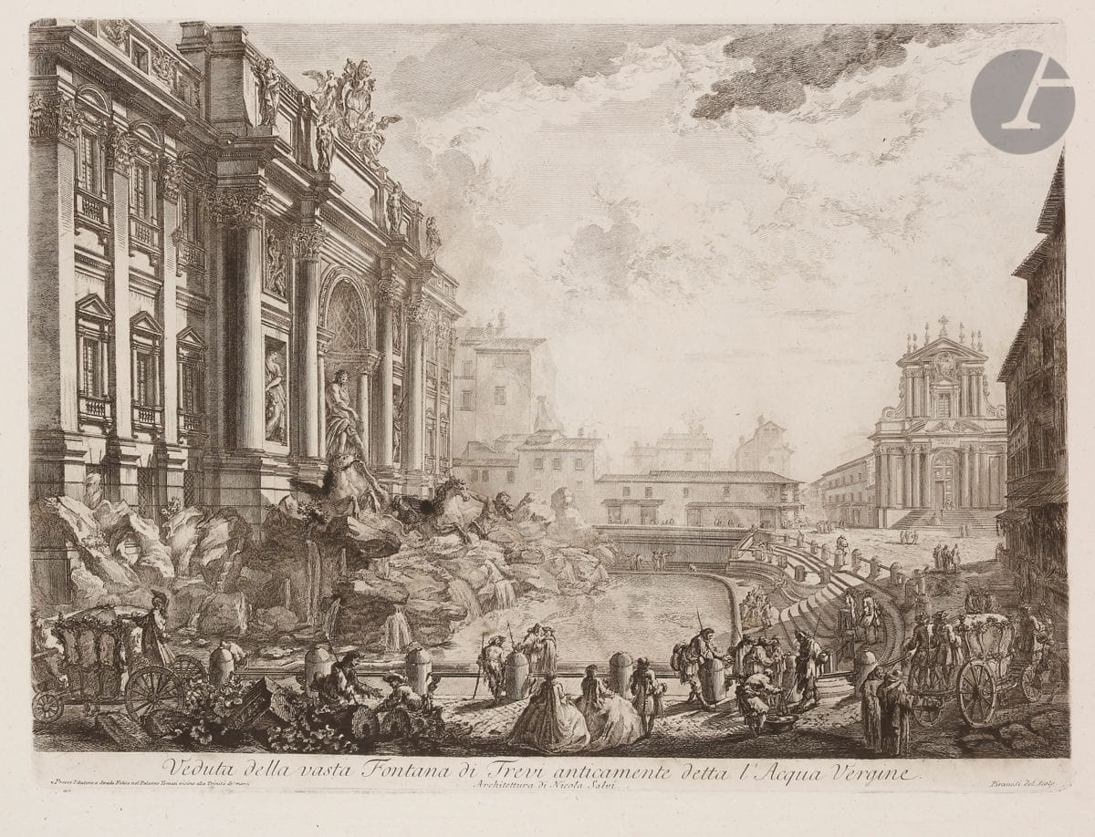 Giambattista Piranesi (1720-1778) 
Veduta della vasta Fontana di Trevi anticamente detta l'Acqua Vergine. (View of the Trevi Fountain). 1751. Etching and burin. 550 x 400 [765 x 540]. Hind 19 (v/vii). A very fine proof on strong laid paper, the price erased, before the number 33 at the upper right. Folio number 34 in pen and sepia ink in the upper right corner. Normal median vertical fold. Left edge irregular, slightly ragged, with small binding tab holes. Large margins. First Parisian edition.
