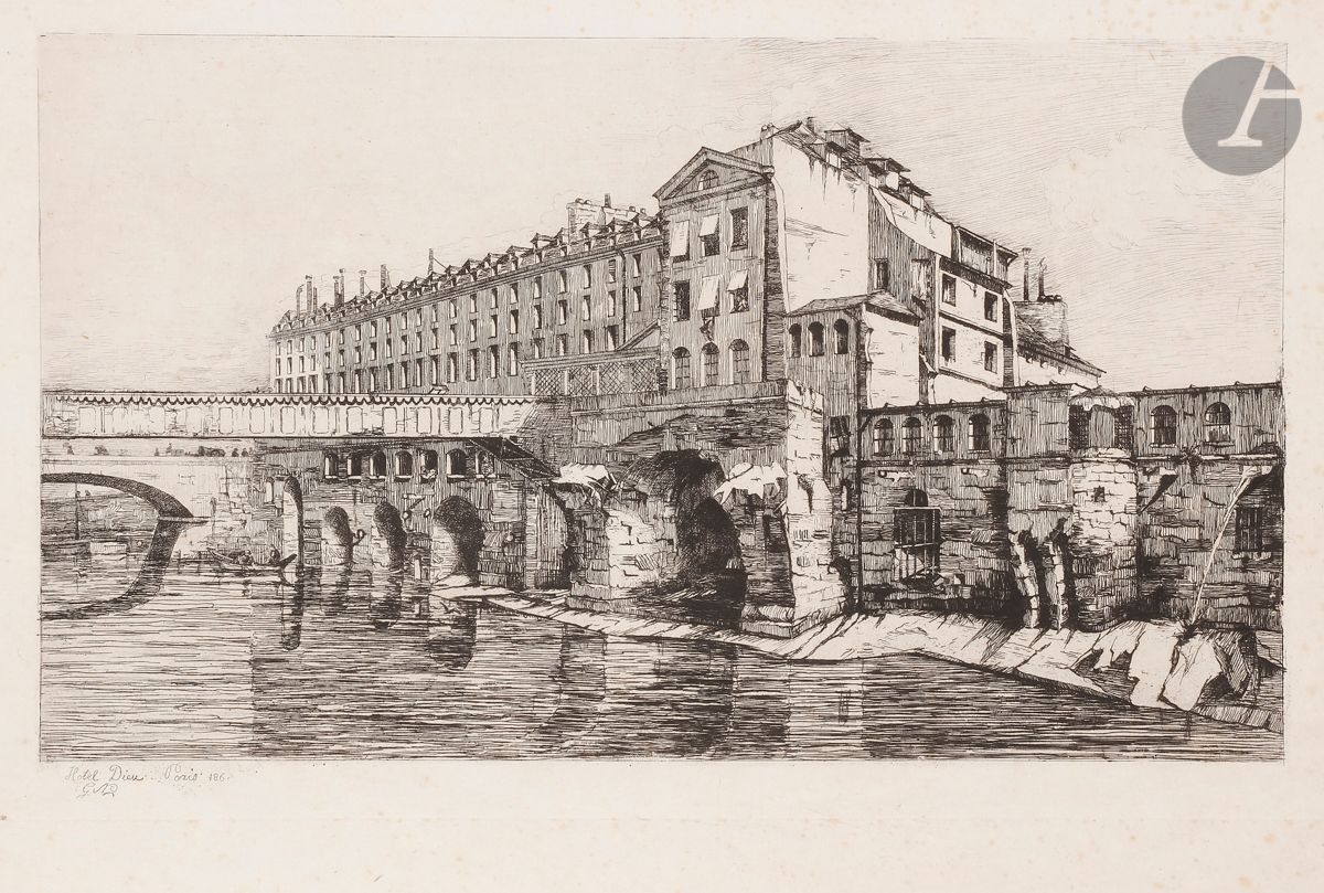 Gabrielle Niel (1831-1919) 
L’Hôtel-Dieu de Paris ; Église Saint-Jean à Lyon ; Une rue à Gênes. Vers 1860. Eau-forte. Formats divers. Très belles épreuves, les deux premières avant la lettre, la 1re sur chine volant, la 2e sur vergé ancien azuré, la dernière parue dans L’Art. Toutes marges. Ens. 3 p. 

 Née à Poligny (Jura), Gabrielle Niel était fille du sous-préfet Niel, bibliothécaire du ministère de l’Intérieur, bibliographe et grand collectionneur de gravures. Elle apprit la technique de l’eau-forte auprès de Méryon, qu’elle assista dans ses derniers jours.