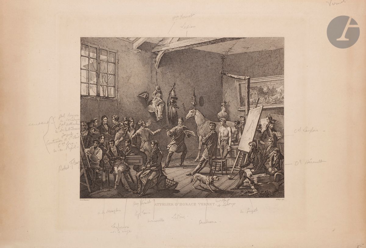 Charles Beyer (1792- ?) 
L’Atelier d’Horace Vernet. 1822. Gravé d’après le tableau de Vernet (localisation inconnue). 293 x 258. I.F.F. 3. Belle épreuve sur vergé, légèrement oxydée. Intéressant document abondamment légendé des noms des artistes au crayon. Toutes marges. 

« L’Atelier d’Horace Vernet, turbulent et amusant s’il en fut, est encore le plus intéressant, par la quantité de portraits qu’il renferme. L’amateur de piston, penché sur une table, c’est Eugène Lami ; Amédée de Beauplan fredonne une romance ; Horace Vernet, la palette au pouce gauche, fait des armes avec son élève Lediou, lieutenant de la ligne. Le colonel Bro fume un cigare avec le peintre Langlois ; Montfort et Lehoux, en boxeurs, nus jusqu’à la ceinture, se chauffent sur un poêle ; enfin, un jeune artiste qui devait se faire connaître, Robert Fleury, peint une toile de chevalet sous les yeux de l’élégant comte de Forbin. » (www.cosmovisions.com).
