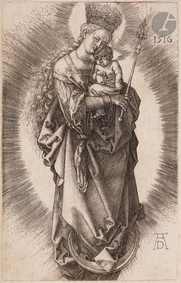 Albrecht Dürer (1471-1528) 
La Vierge à la couronne d’étoiles et au sceptre. 1516. Burin. 75 x 120. Bartsch 32 ; Meder 37 a/c. Belle et brillante épreuve sur vergé ivoire, avec filets de marges autour du trait carré. Fine bande de montage avec traces de colle le long du bord droit au verso et dans les angles. Ex-coll. R. Fisher (Lugt 2204).

 Provenance :
Agnes et Eugene Meyer, New York