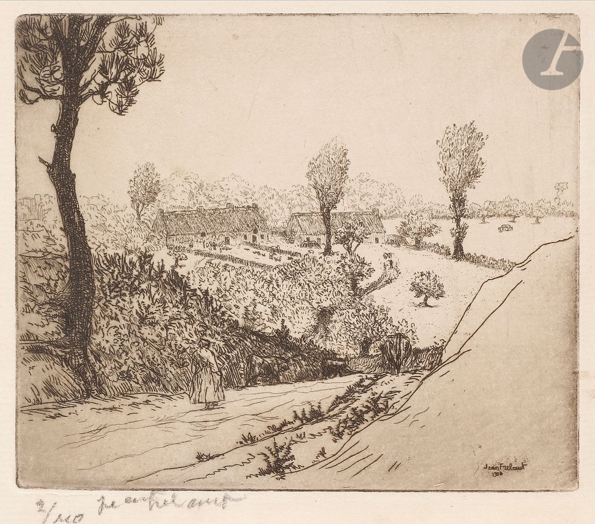 Jean Frélaut (1879-1954) 
Le Village de Lignol (Morbihan). 1906. Eau-forte. 138 x 118. Delteil 55. Très belle épreuve sur vergé, numérotée et signée au crayon. Petites marges normales. Tirage à 10 épreuves.