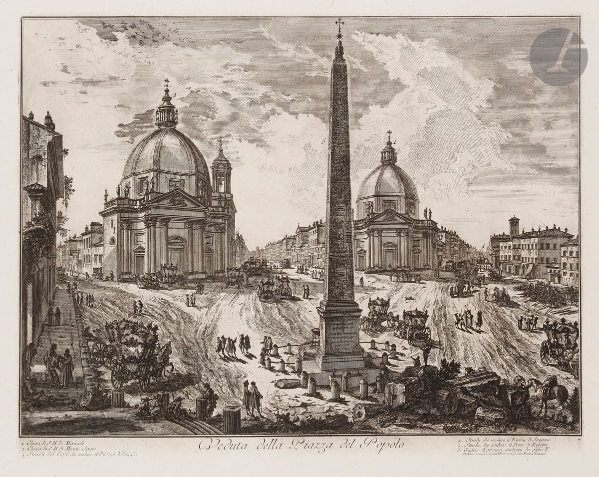 Giambattista Piranesi (1720-1778) 
Veduta della Piazza del Popolo. (Vue de la place du Peuple). 1750. Eau-forte et burin. 547 x 400 [762 x 540]. Hind 14 (v/vii). Très belle épreuve sur vergé fort, avec le numéro 4 en bas à droite, avant le numéro 22 en haut à droite. Numéro de folio 23 à la plume et à l’encre sépia dans l’angle supérieur droit. Pli vertical médian normal. Très légères rousseurs marginales. Infime accroc au bord droit. Bord gauche irrégulier, légèrement déchiqueté, avec petits trous d’onglets de reliure. Grandes marges. 1er tirage parisien.