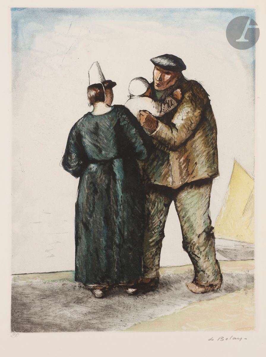 Pierre de Belay (1890-1947) 
Le Départ du pêcheur bigouden ; Marin sur le quai, mains dans les poches. Vers 1940. Eau-forte et aquatinte. 295 x 395. Impression en couleurs. Très belles épreuves sur vélin crème, numérotées et signées au crayon. Courtes déchirures en pied du feuillet à la 1re. Toutes marges. Ens. 2 p.