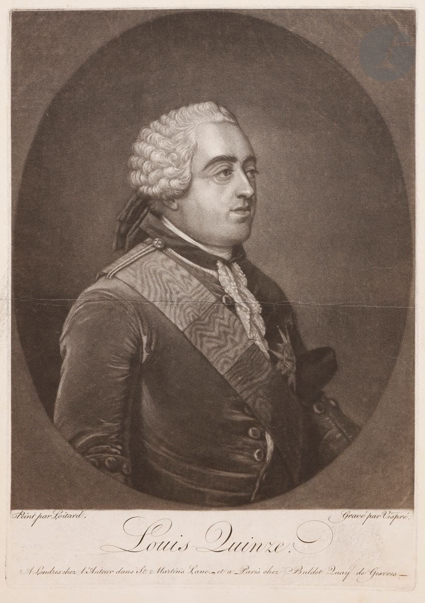 François-Xavier Vispré (c. 1730-après 1789) 
Louis Quinze. Vers 1760. Manière noire d’après Liotard (orthographié ici « Loitard »). 230 x 330. Le Blanc 1 ; Portalis et Beraldi 1. Très belle épreuve sur vergé mince. Pli de séchage horizontal médian. Petits restes de colle au verso. Toutes marges.