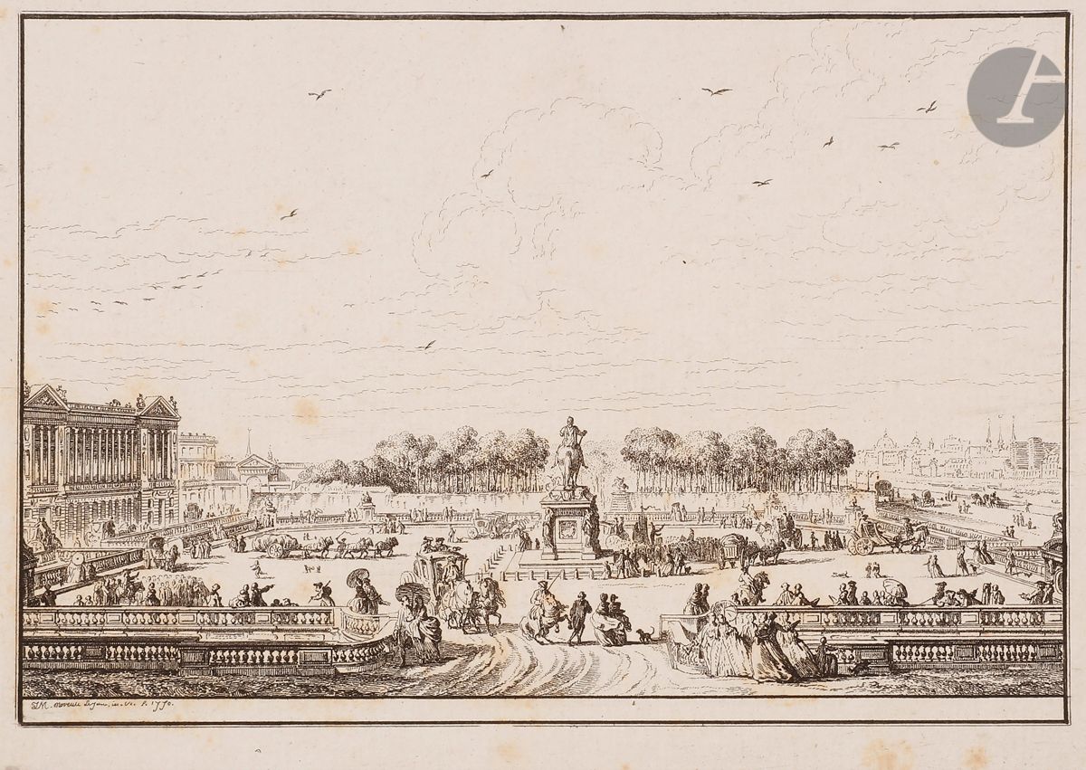 Jean-Michel Moreau le Jeune (1741-1814) 
Place de Louis XV. 1770. Eau-forte et burin. Chaque 180-185 x 130-135. Bocher 404. Réunion de 3 très belles épreuves des 1er, 2e et 3e états (sur 5), avant le numéro et les retouches de Tilliard, rognées sur le coup de planche. Rousseurs claires à la 1re, de la collection H.-J. Thomas (Lugt 1378). La 2e de la collection A.-P.-F. Robert-Dumesnil (Lugt 2200).
