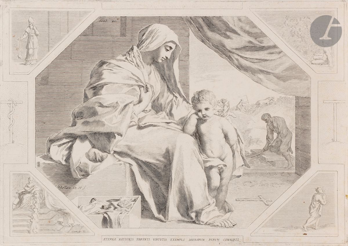 Claude Mellan (1598-1688) 
Sainte Famille. Burin. 350 x 242. Préaud 14. Très belle épreuve sur vergé. Infimes taches ou rousseurs. Marges de 2 à 3 mm.