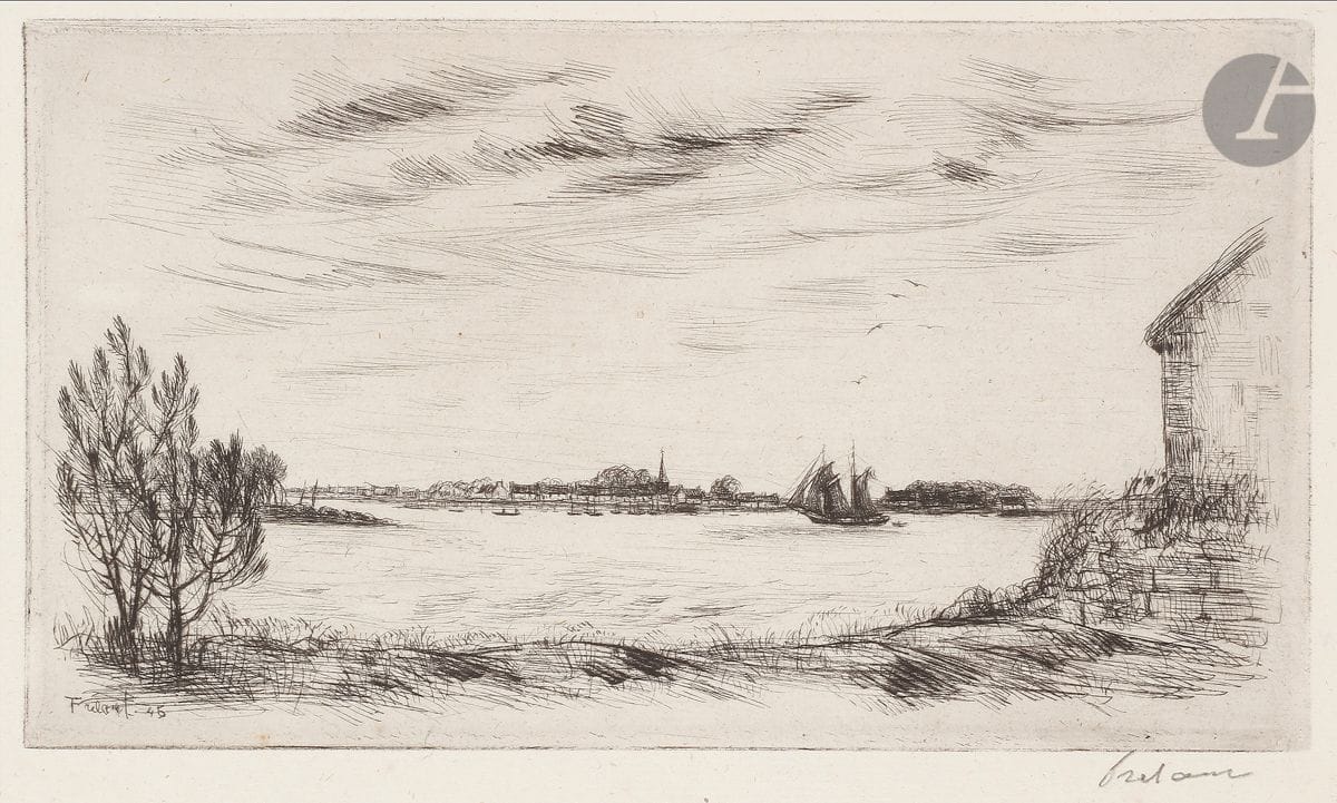 Jean Frélaut (1879-1954) 
Baie de Locmariaquer. 1945-1946. Pointe sèche et burin. 197 x 110. Frélaut 932. Très belle épreuve sur vergé ancien mince, signée puis annotée « ep. d’artiste ». Au verso annotation « Groix la pointe des Chats ». Toutes marges.