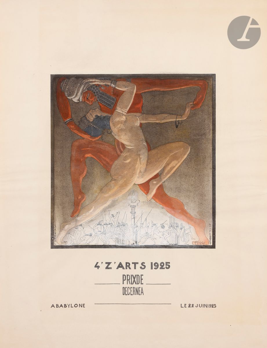 4 z’Arts
Théo Sardnal (1898-1984). Diplôme pour l’année 1925 (École des Beaux-Arts). Procédé photomécanique. Exceptionnel ensemble réunissant 4 diplômes imprimés sur vélin [env. 390 x 520], portant le nom de l’auteur « Sardnal / At[elier] Perret », l’un largement enluminé à la gouache. Joint : même sujet (autre version). Procédé photomécanique. 3 épreuves dont 2 sur vélin, l’une largement reprise à l’encre bronze doré, une autre sur vélin cartonné teinté bronze doré reprise à l’encre de Chine, accompagnées du dessin préparatoire à l’encre de Chine sur calque. Menus accidents et usures du temps. Trous de punaises dans les angles à certaines pl. Ens. 8 p. 

 Théodose, dit Théo, Sardnal était architecte. Il intégra l’École Nationale des Beaux-Arts en 1921 après plusieurs tentatives. Il fut l’élève d’Auguste Perret et, en 1923, le co-fondateur de l’atelier Perret. Quand il réalisa ce diplôme, il était âgé de 26 ans et encore étudiant. Il collabora plus tard avec Perret à la reconstruction du Havre.