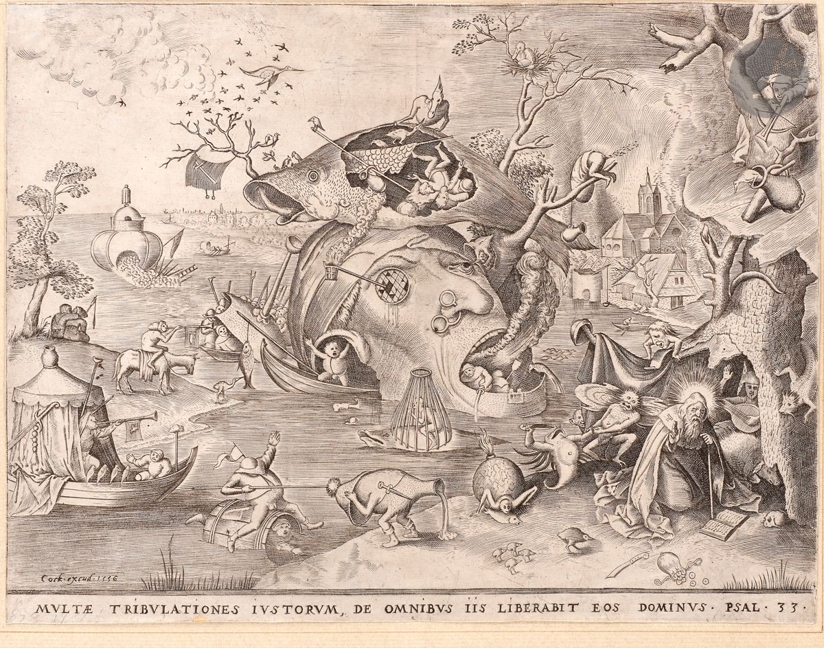 Pieter Bruegel the Elder (c. 1525-c. 1569) (after) 
The Temptation of Saint Anthony (Multae tribulationes justorum...) 1556. Engraved by Pieter van der Heyden. 325 x 242. Van Bastelaer 119; New Hollstein (Bruegel) 27.10; Orenstein 37. Good proof on thin laid paper, slightly late, a bit gray, with fine perceptible scuffing at the foot of the subject, trimmed on the square line, well complete with the tablet, pasted by the upper corners on laid paper. Tiny snags along top edge, with small, unobtrusive old restorations to verso. A small gap under the word "tribulationes," also filled on the verso. Several fine vertical folds and slight surface ripples in the upper part of the subject. 

 Provenance: 
Estate of Pierre Hautot
" The 1556 Temptation of St. Anthony is the first work to make Bruegel appear as a second Bosch

. 

It is the preparatory drawing preserved in Oxford that indicates the authorship of the engraving, which bears only the address of Cock, the publisher. (...)
One of the main sources of inspiration for the man's head surmounted by a fish was undoubtedly The Tree Man. This figure, perhaps the most successful of all the strange creatures invented by Bosch, appears twice in his own works and countless times in those of his followers. 
In most cases, the imitations are uninspired, but here the result is a striking image that can - almost - rival its model. Such images were considered entertaining, as their description of the time indicates. In 1558, Martin le Jeune, a bookseller in Paris, received twelve copies of Sainct Antoine drolerie from Christophe Plantin. (M. Ilsink, in Hieronymus Cock; la gravure à la Renaissance, collective work, Bibl. royale de Belgique et Fondation Custodia, 2014, p. 256, our subject reprinted on p. 257).







