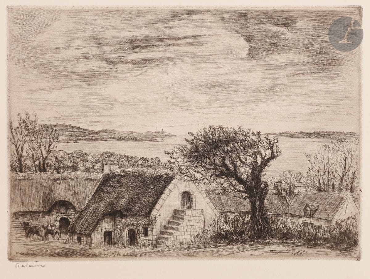 Jean Frélaut (1879-1954) 
Villages. Suite de quatorze eaux-fortes de Jean Frélaut. Paris, aux dépens des Cinq-Vingt, 1934. Un volume grand in-4 [310 x 410], contenant 14 pl. sous passe-partout d’origine. Pointe sèche. Parfaites épreuves sur vélin, numérotées et signées puis titrées en pied au crayon. Chemise imprimée portant la table au 3e plat, 2 autres chemises imprimées, cartonnage et emboîtage orange (légèrement frottés). L’un des 26 exemplaires nominatifs, signé au crayon par l’artiste.