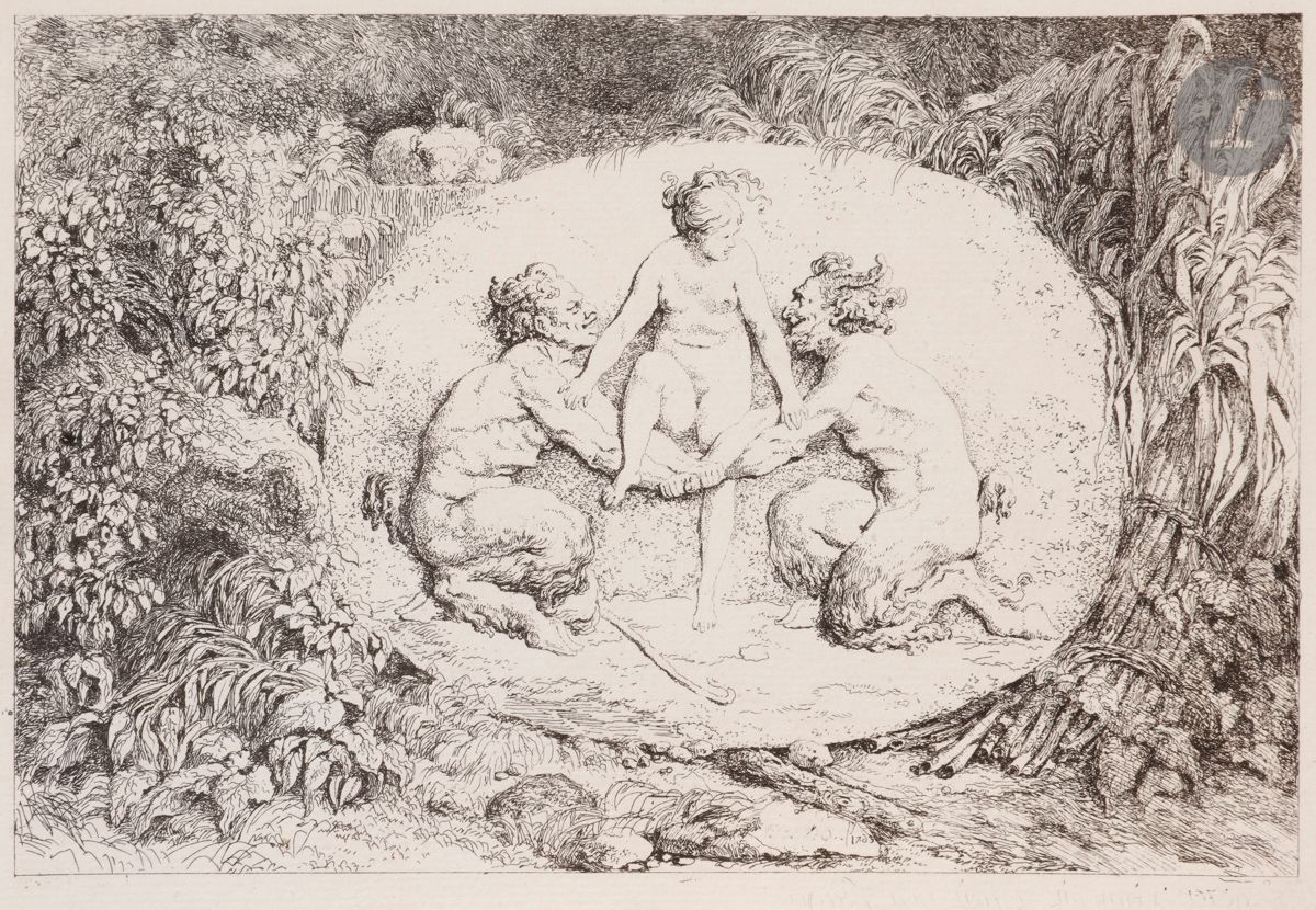 Jean-Honoré Fragonard (1732-1806) 
Four Bacchanals, or Games of Satyrs. 1763. Etching. Each 210 x 145. Baudicour 6-9; I.F.F. 2-5. Very fine and fresh proofs, the inscriptions on pl. 1 uninked (though perceptible), before the numbers. Small margins of 3 to 4 mm. 

"The date of 1763 on the first composition of this series, a bas-relief of two satyrs with hands joined to support a nymph, indicates that this group of four etchings by Fragonard was done in Paris, two years after he returned from Italy accompanied by Jean-Claude Richard, abbé de Saint-Non. The designs of the reliefs reflect the artist's study of Roman antiquities in Italy, and the first etching makes specific reference to an identifiable source, a marble bas-relief then in the Villa Mattei..." (V. Carlson, Regency to Empire, French Printmaking 1715-1814, The Baltimore Museum of Art and the Minneapolis Institute of Arts, 1984, p. 152.)


