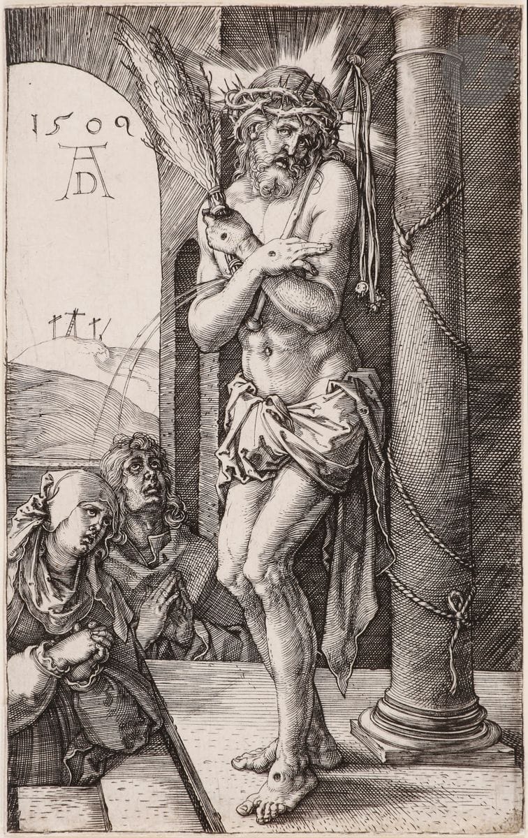 Albrecht Dürer (1471-1528) 
La Passion (sur cuivre). 1507-1513. Burin. Chaque 73 x 115. Bartsch, Meder 3-18 (b ou c/d ou e). Suite complète et homogène de 16 pl. Très belles et brillantes épreuves rognées au trait carré, celui-ci encore perceptible sur la plupart des épreuves. Petits restes d’onglets aux bords du feuillet ou infimes traces de colle dans les angles au verso. 

 Détail des états :
-Meder 3 c/e, avec les éraillures verticales dans l’ouverture du porche
-Meder 7 c/d, avec les petites salissures perceptibles sur le dos du soldat au premier plan
-Meder 8 c/e, avec l’éraillure horizontale sur la cuisse du Christ
-Meder 10 c/d, avec les éraillures en travers du manteau blanc
-Meder 12, b/d, avant les éraillures horizontales sur le dos du soldat au premier plan
-Meder 13 d/e, avec l’éraillure verticale sur la cuisse gauche de Jean 
-Meder 15 c/e, avec les petites éraillures dans l’angle supérieur gauche en travers des arbustes
-Meder 16 b/e, avec l’éraillure horizontale en travers des poils sur la nuque du monstre supérieur
-Meder 17 c/d, avec l’éraillure verticale sur la cuisse gauche du Christ.