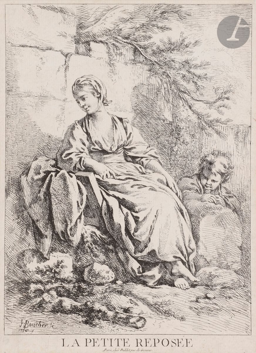 François Boucher (1703-1770) 
La Petite reposée. 1756. Original etching. 180 x 248. Prosper de Baudicour 13; P. Jean-Richard 30. A good proof on laid paper, carefully washed, trimmed with a plate cut. Traces of folds visible on the verso. Ex-coll. J. Cantacuzène (Lugt 4030).
