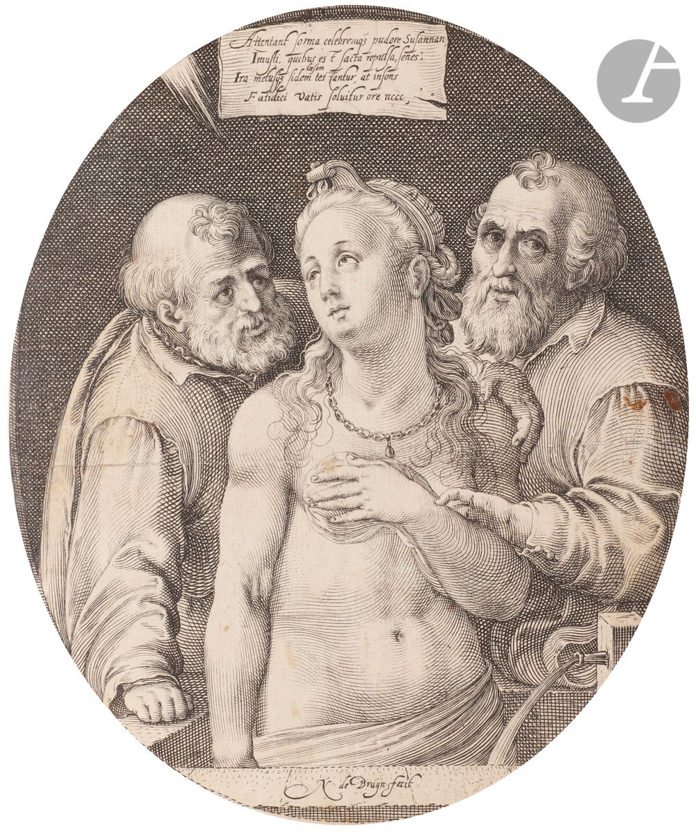 Nicolaes de Bruÿn (1571-1656) 
Suzanne et les vieillards. Burin. 145 x 170 (sujet ovale). Hollstein 30. Épreuve finement doublée, rognée au sujet, avec pli horizontal médian partiellement fracturé. Deux courtes déchirures. Infimes points de rouille.