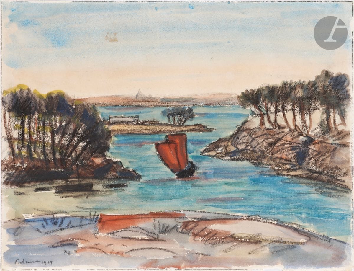 Jean Frélaut (1879-1954) 
Golfe du Morbihan. 1919. Aquarelle et pierre noire sur vélin mince. 307 x 232. Signée et datée en bas à gauche.