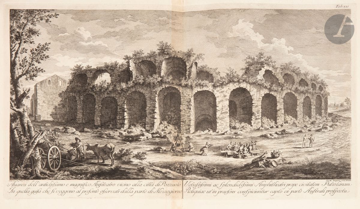 Giovanni Volpato (1735-1803) et al. 
Paoli (Paolo Antonio). Avanzi delle antichità esistenti a Pozzuoli, Cuma e Baja. [Naples], fin 1768. Un vol. grand in-fol. [375 x 515], contenant un titre allégorique gravé par Marra, un faux-titre gravé par Volpato d’après Falciatore, une dédicace à Ferdinand IV gravée par Volpato d’après Fischetti Cioffredo, 38 feuillets de texte gravé alternant avec 66 planches gravées à l’eau-forte et au burin par Cardon, La Marra, Nicole, Volpato… d’après Natali, Magri, Rajola et al. Très belles épreuves sur vergé ivoire XVIIIe s. filigrané « Montgolfier Annonay », certaines à double page, les traits de mise en place de la lettre encore bien visibles (indices d’épreuves parmi les premières tirées). Légère trace d’oxydation aux bords des feuillets. Rares et infimes accidents, rousseurs, courtes déchirures ou plis. Oxydation à l’onglet de montage des planches doubles. Toutes marges. Rel. veau brun avec filets dorés à la roulette, dos à 7 nerfs orné portant le titre (très défraîchie).