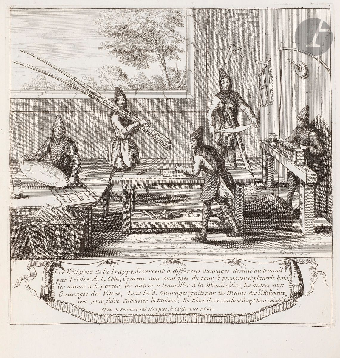 Anonyme
La Trappe et les trappistes. XVIIe s. Suite de 17 pl. (manque le titre) reliées à la ficelle. Eau-forte. Chaque [320 x 400]. Belles épreuves sur vergé mince, à l’adresse de Bonnart ou de Trouvain, une pl. désolidarisée. Quelques salissures, petits accidents et manques aux bords du feuillet. Toutes marges. 

 Suite décrivant les activités des moines trappistes : menuiserie, vitrerie, cuisine, boulangerie, lessive, jardinage, fabrication du cidre… et activités religieuses et de bienfaisance.