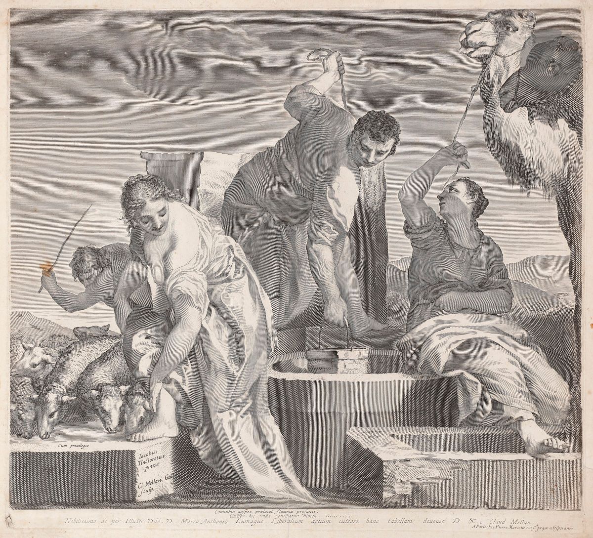 Claude Mellan (1598-1688) 
Jacob abreuve le troupeau de Rachel. Burin d’après Véronèse. 430 x 395. Préaud 2. Bonne épreuve sur vergé ancien filigrané (armoiries et contremarque). Pli de séchage vertical médian fracturé en pied. Salissures, rousseurs, courtes déchirures et traces de plis. Au verso, paraphe de F. A. Maglin (Lugt 1777) à la plume et à l’encre avec la date « 1902 ». Petites marges.