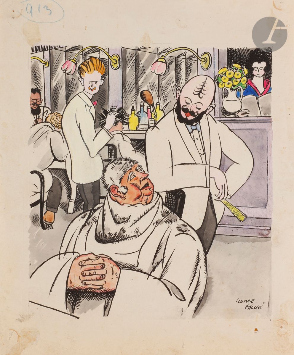 Pierre Falké (1884-1947) 
Dessins de presse. Vers 1930-1940. Un lot de 15 dessins à l’encre de Chine sur vélin [env. 250 x 325], 3 aquarellés, avec légendes et annotations, signés à l’encre. Diverses salissures et menus accidents ou trous de punaises. Joint : 2 petits dessins, l’un à la mine de plomb, l’autre aux crayons de couleurs (paysage, décor de théâtre). Ens. 17 p.