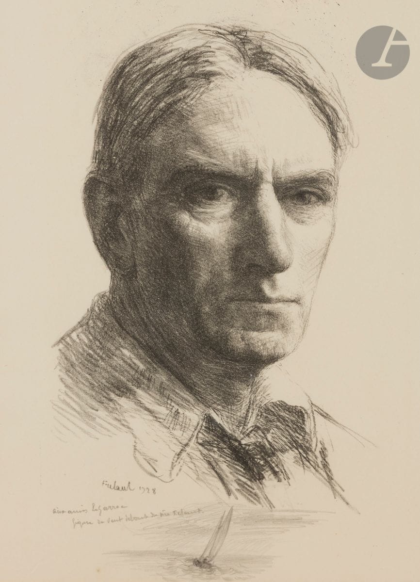 Jean Frélaut (1879-1954) 
Self-portrait. 1928. Lithograph. At sight 235 x 320. Very nice proof on vellum, with a pencil remark (sailboat in the wind), dedicated in pencil "to friends Le Garrec / standing wind figure of father Frélaut". Margins. Frame.

