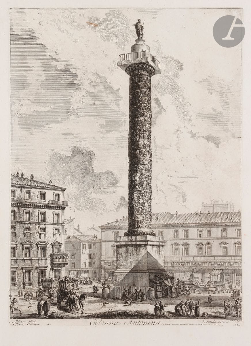 Giambattista Piranesi (1720-1778) 
Colonna Antonina. (Column of Marcus Aurelius). 1758. Etching and burin. 405 x 550 [540 x 770]. Hind 52 (iii/v). Very fine proof on strong laid paper, the price erased, before number 12. Folio number 33 in pen and sepia ink in the lower right corner. Normal median horizontal fold with reinforcement at right edge on verso. Another reinforcement above the first one. Top edge irregular, slightly ragged, with small binding tab holes. Wide margins. First Parisian edition.

