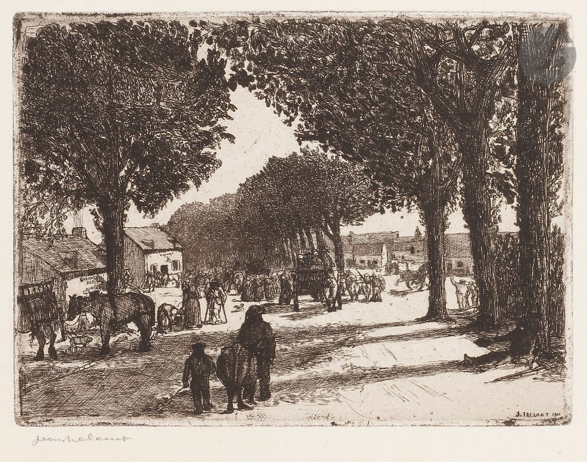 Jean Frélaut (1879-1954) 
Petite foire de Vannes ; Grande foire de Vannes. 1904. Eau-forte. 90 x 90 et 158 x 118. Delteil 27 et 28. Très belles épreuves sur vergé mince blanc et sur vélin provenant d’un ancien album (avec impression au verso), signées au crayon. Toutes marges. Timbre sec : Ed. Sagot éditeur, Paris (Lugt 2254). Timbre de la coll. H. M. Petiet (Lugt 5031) à la 2e. Ens. 2 p.