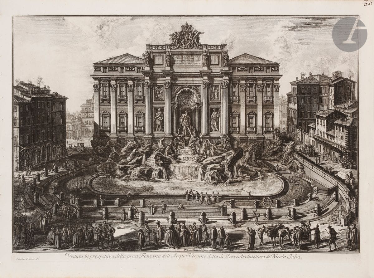 Giambattista Piranesi (1720-1778) 
Veduta in prospettiva della gran Fontana dell’ Acqua Vergine detta di Trevi… (La Fontaine de Trevi, de face). 1773. Eau-forte et burin. 710 x 475 [765 x 540]. Hind 109 (i/iii). Belle épreuve sur vergé fort, avant le numéro 12. Numéro de folio 35 à la plume et à l’encre sépia dans l’angle supérieur droit. Pli vertical médian normal, avec petit renfort en pied au verso (formant légère tache rousse au recto). Bord gauche irrégulier, légèrement déchiqueté, avec petits trous d’onglets de reliure. Bonnes marges. 1er tirage parisien.