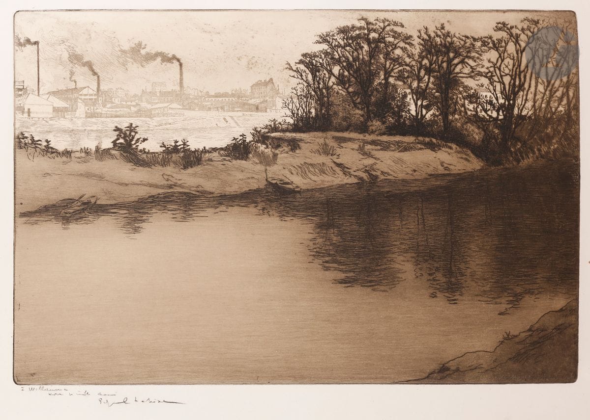 Edgar Chahine (1874-1947) 
La Seine à Courbevoie. 1907. Eau-forte et pointe sèche. 460 x 295. Tabanelli 261. Superbe épreuve tirée à l’effet en brun bistré sur bulle appliqué, dédicacée au crayon : « à Willaume / son fidèle ami » puis signée. Une rousseur en marge droite. Toutes marges. Tirage à 50 épreuves.