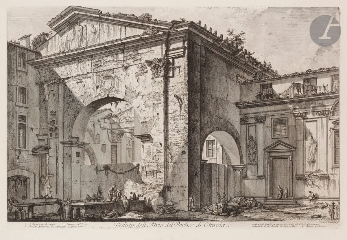 Giambattista Piranesi (1720-1778) 
Veduta dell’ Atrio del Portico di Ottavia. (Vue extérieure de l’entrée du portique d’Octavie). 1760. Eau-forte et burin. 590 x 392 [763 x 538]. Hind 58 (v/vii). Très belle épreuve sur vergé fort, le prix effacé, avant le numéro 67. Numéro de folio 68 à la plume et à l’encre sépia dans l’angle supérieur droit. Pli vertical médian normal. Un petit accroc en pied. Bord gauche irrégulier, légèrement déchiqueté, avec petits trous d’onglets de reliure. Grandes marges. 1er tirage parisien.