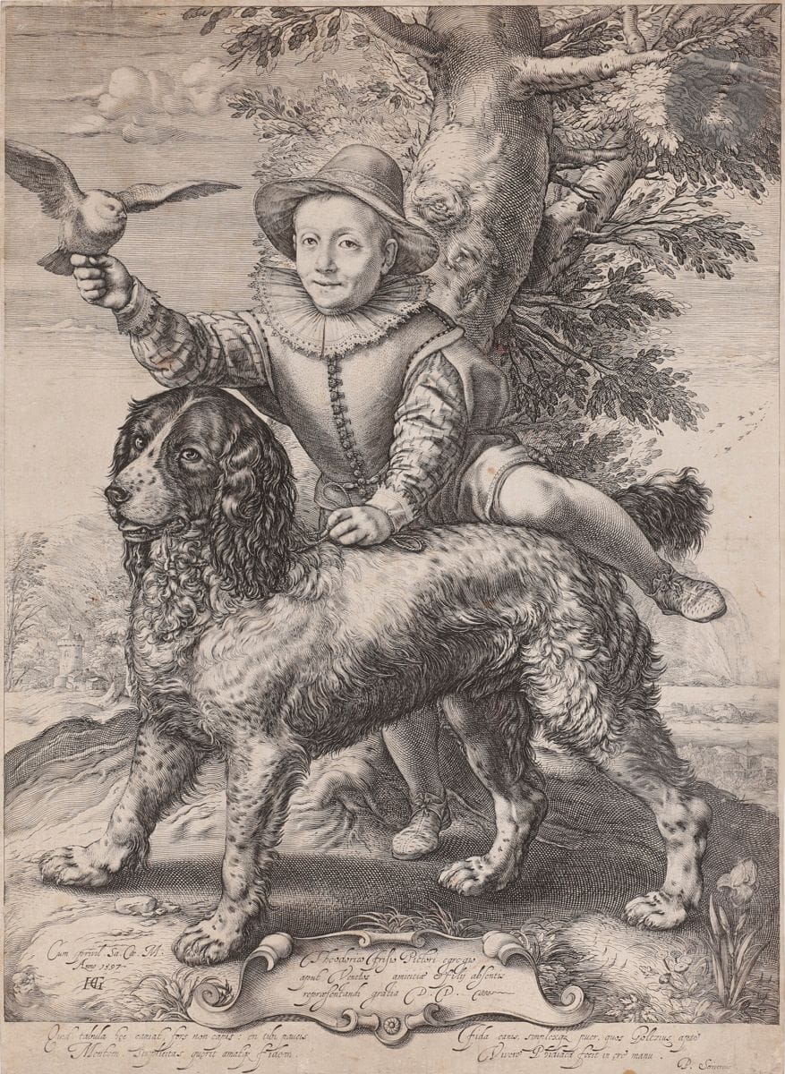 Hendrick Goltzius (1558-1617) (d’après) 
Frederick Frisius et son chien. Burin. 265 x 359 et 262 x 350. Bartsch 190 (copies). Réunion de 2 belles épreuves sur vergé mince, la 1re rognée à l’intérieur du coup de planche mais complète de la tablette, doublée sur vergé fort (reconnaissable au « Cum » détaché du reste du texte et au mot « repraefentandi » au lieu de « repraesentandi », à la date de 1597), la 2e pareillement rognée, très fraîche (reconnaissable au monogramme RG et au texte modifié, « Cesar capranica excudit », à la date de 1599). Empoussiérage, usures et faiblesses aux bords du feuillet à la 1re. Timbre d’Émile Lachenaud (Lugt 3473) à la 2e.