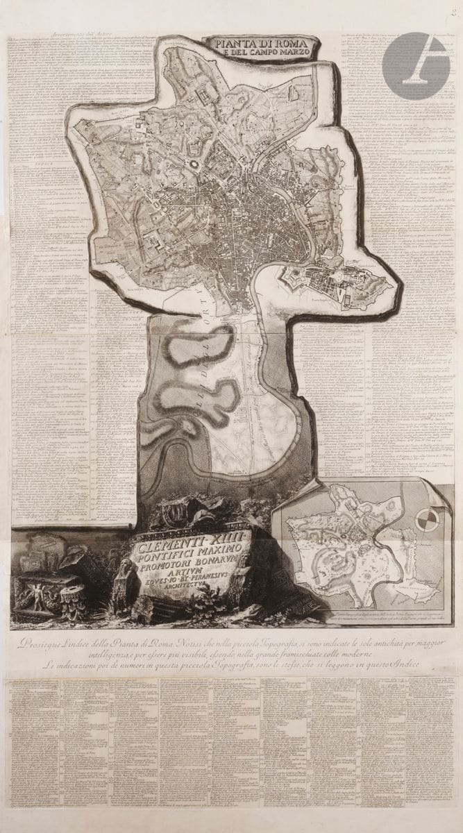 Giambattista Piranesi (1720-1778) 
Pianta de Roma e del Campo Marzo. 1774. Eau-forte et burin. [730 x 1320]. Focillon 600 ; Wilton-Ely 1097.1008. Très belle épreuve en trois morceaux raboutés, rempliée en trois pour inclusion dans un album. Numéro 3 à la plume et à l’encre sépia dans l’angle supérieur droit. Petites taches brunâtres à l’extrême bord gauche. Traces de plis et bandes de renforts anciennes par endroits aux bords du feuillet au verso. Bonnes marges. 1er tirage parisien. 

 La carte principale a la particularité d’être conçue avec le sud placé en haut. Elle rend en trompe-l’œil l’effet d’être gravée dans la pierre, selon la manière qu’emploie Piranèse dans ses Antichità Romane, en hommage à l’ancienne Forma Urbis Romanae, immense carte gravée dans le marbre sous Septime Sévère (193-211 avant J.-C.). Sur la carte principale, on voit le mur d’Aurélien entourant la Rome du XVIIIe s., dont le territoire se prolonge au nord vers la porte del Popolo et le Campo Marzio. En bas à droite figure une carte plus petite qui montre les principaux monuments et lieux antiques de Rome. L’artiste a fait graver un index complet des 402 sites et édifices, qui sont ceux figurant par ailleurs dans ses publications telles que les Antichità Romane, Della Magnificenza et Campo Marzio.