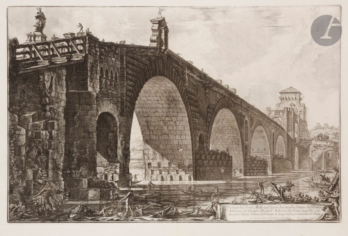 Giambattista Piranesi (1720-1778) 
Veduta del Ponte Molle sul Tevere… (Vue du Ponte Molle sur le Tibre). 1762. Eau-forte et burin. 675 x 440 [760 x 540]. Hind 64 (ii/iv). Belle épreuve sur vergé fort, le prix effacé, avant le numéro 54. Numéro de folio 55 à la plume et à l’encre sépia dans l’angle supérieur droit. Pli vertical médian normal, avec petit renfort en pied au centre au verso. Petit accident d’impression (fausse morsure formant tache noire) sous la petite arche au bord droit. Petit arrachement en surface formant tache blanche sur la première arche du pont. Bord gauche irrégulier, légèrement déchiqueté, avec petits trous d’onglets de reliure. Bonnes marges. 1er tirage parisien.