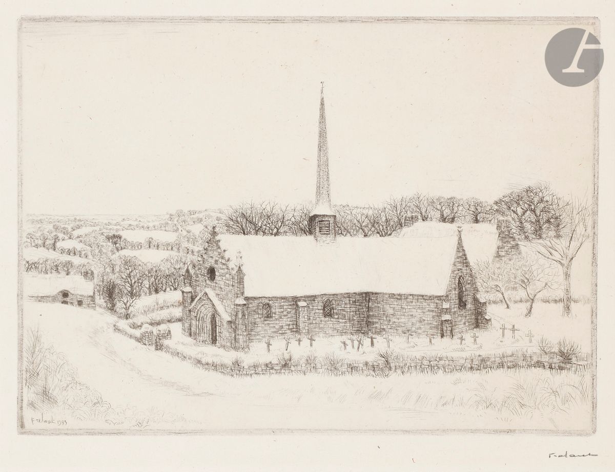 Jean Frélaut (1879-1954) 
Saint-Avé, or Chapel under the snow. (Pl. of the series Chapels of Brittany). 1933. Drypoint. 220 x 158. Frélaut 381. Nice proof on thin laid paper, signed in pencil and annotated "ep. d'état" then titled. Band of glue around the edge of the sheet on the front. All margins.
