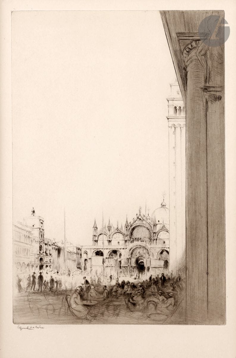 Edgar Chahine (1874-1947) 
Venice, San Giorgio Maggiore; Venice, the Piazza. 1923. Drypoint. 195 x 255 and 215 x 315. Tabanelli 377 and 382. Fine proofs on vellum, signed in pencil, slightly sunned. Margins. Edition of 100 proofs. Framed. Set. 2 p.
