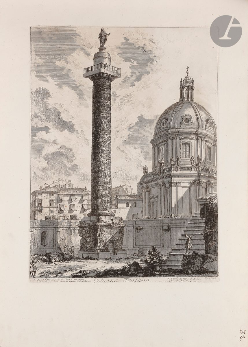Giambattista Piranesi (1720-1778) 
Colonna Trajana. (Colonne Trajane). 1758. Eau-forte et burin. 405 x 545 [540 x 770]. Hind 51 (v/vii). Très belle épreuve sur vergé fort, le prix effacé, avant le numéro 31. Numéro de folio 32 à la plume et à l’encre sépia dans l’angle inférieur droit. Pli horizontal médian normal. Bord supérieur irrégulier, légèrement déchiqueté, avec petits trous d’onglets de reliure. Grandes marges. 1er tirage parisien.