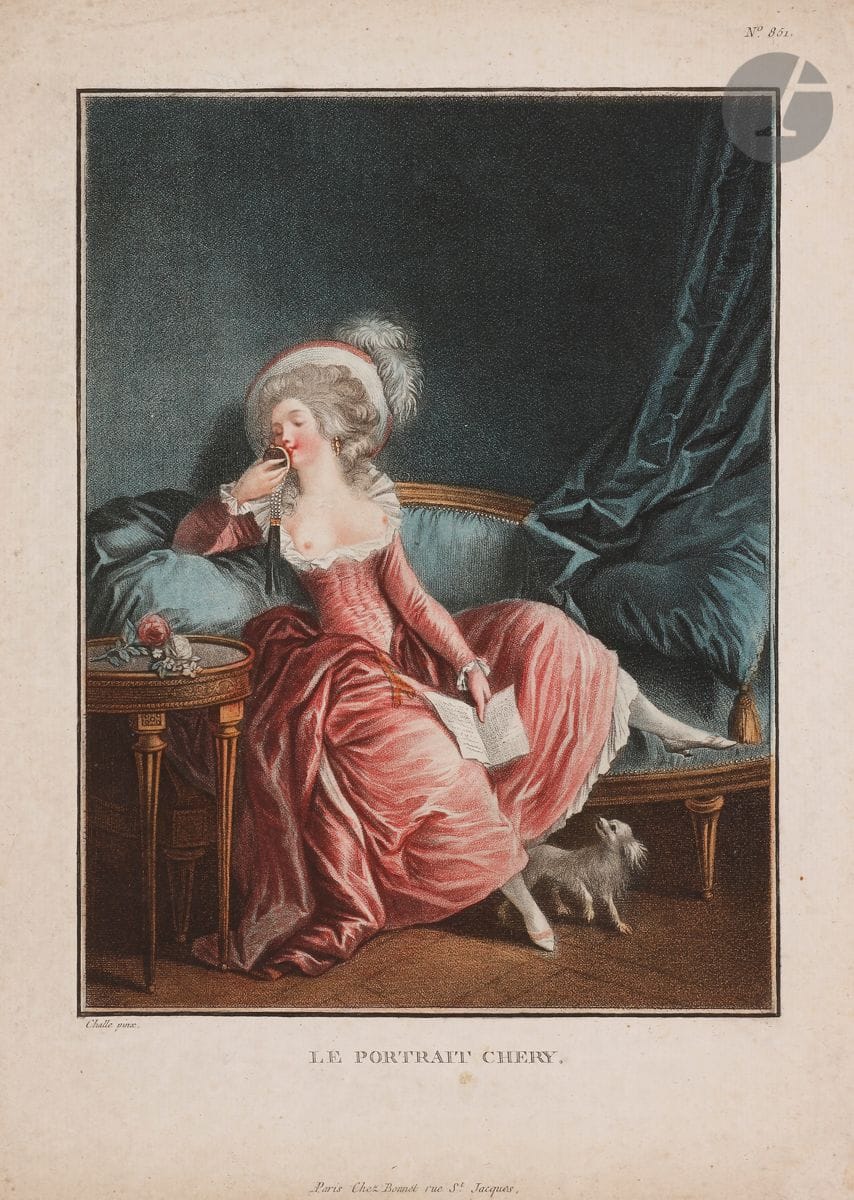 Louis-Marin Bonnet (1736 ou 1743-1793)
Le Portrait chéry. Gravure au pointillé d’après Schall. 219 x 309. Herold 851. Impression en couleurs. Belle épreuve sur vergé, rognée au coup de planche mais complète des inscriptions gravées. Traces de plis et empoussiérage marginaux.