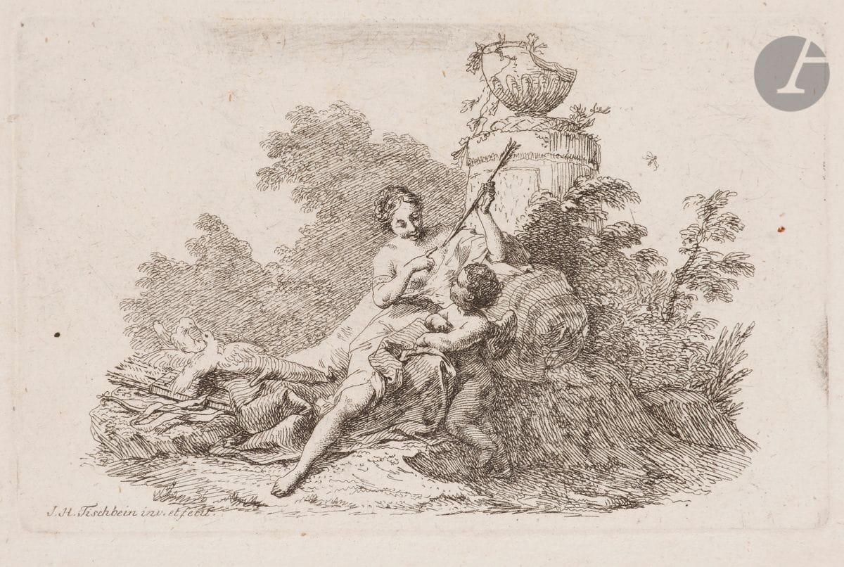 Johann Heinrich Tischbein l’Ancien (1733-1789) 
Le Sommeil de Vénus et de l’Amour ; L’Amour, piqué par une abeille, se plaint à Vénus. Eau-forte. 167 x 102. Nagler, Le Blanc 5 et 6. Très belles épreuves sur vergé ivoire. Belles marges. Ens. 2 p.