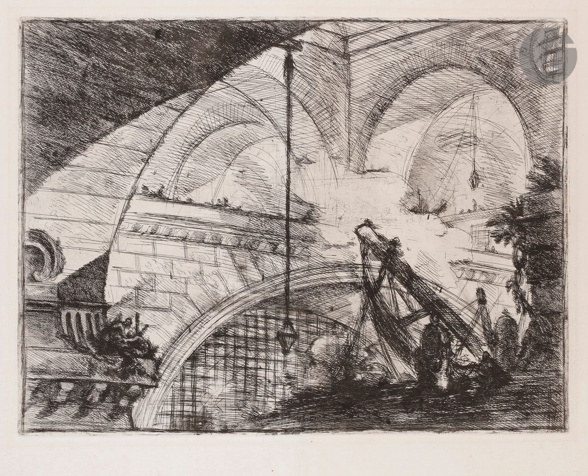 Giambattista Piranesi (1720-1778) 
L’Arc décoré d’une coquille. (Pl. XI des Carceri). 1748-1750. Eau-forte. 543 x 405. Robison 37. Très belle épreuve sur vergé, du 1er état (sur 7), avant de nouvelles tailles, notamment les tailles horizontales ombrant le pilier à droite du coquillage, soigneusement lavée, le pli vertical médian normal légèrement affaibli au verso, avec petites amincissures avoisinantes dans le papier. Fine trace claire persistante d’oxydation autour du sujet. Un infime trou d’épingle visible par transparence. Quelques petits manques ou accrocs aux bords du feuillet. Deux infimes auréoles d’humidité en pied. Toutes marges [763 x 530].
