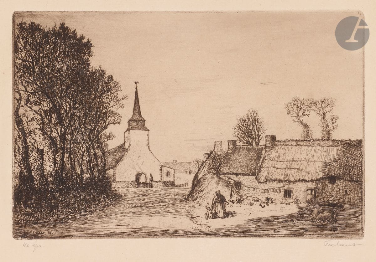 Jean Frélaut (1879-1954) 
Village de Ploeren. 1906. Eau-forte. 198 x 127. Delteil 47. Très belle épreuve sur vergé mince beige, légèrement oxydée, annotée « 40 épr. » et signée au crayon. Toutes marges. Timbre sec : Ed. Sagot éditeur, Paris (Lugt 2254).
