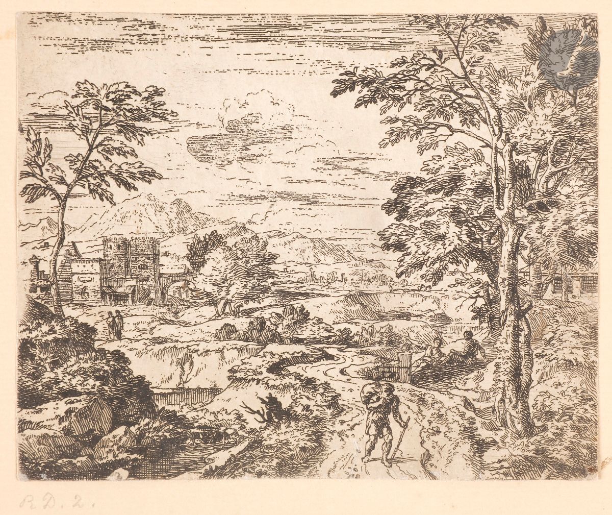 Jean-François, dit Francisque Millet (1642-1679) 
Le Voyageur. Eau-forte. 162 x 132. Robert-Dumesnil 2. Belle épreuve sur vergé, légèrement rognée. Déchirure au bord droit, habilement et anciennement consolidée au verso. Petit reste de colle au bord droit au verso. Rare. Ex-coll. Defer-Dumesnil (Lugt 739). 

 Francisque Millet n’a gravé que 3 planches en tout et pour tout. « … ces petites eaux-fortes, exécutées d’une pointe très libre, sont d’une extrême rareté ». (Paul Lacroix, Revue universelle des arts, vol. 15, 1862, p. 71).