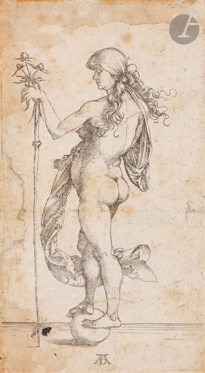 Albrecht Dürer (1471-1528) 
La Petite Fortune. Vers 1495. Burin. 65 x 121. Bartsch 78 ; Meder 71. Épreuve rognée au coup de planche, tardive, pâle et manquant de conservation. Taches, auréoles d’humidité et restaurations anciennes.