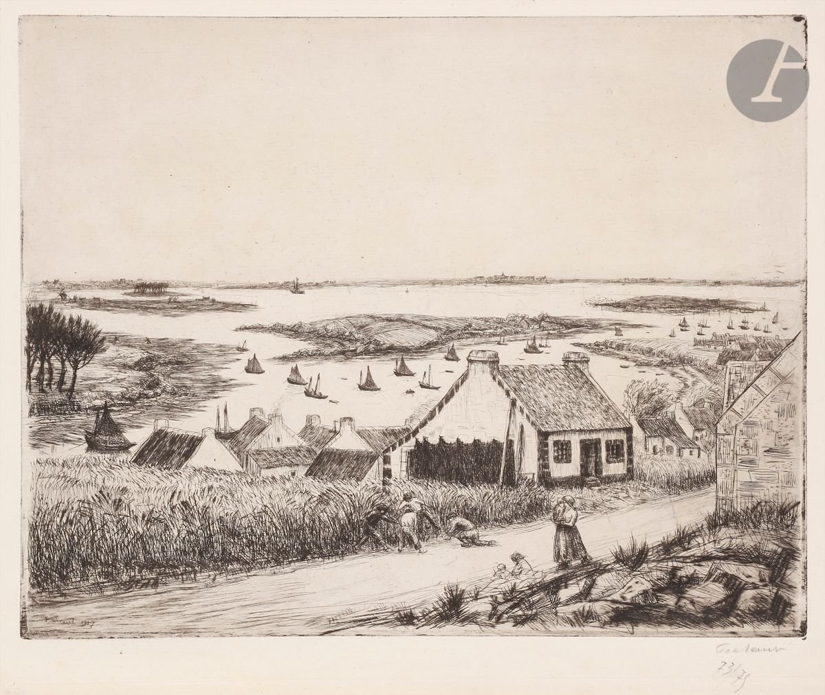 Jean Frélaut (1879-1954) 
Vue de Langle, ou La Baie de Séné (près Vannes). 1927. Pointe sèche et burin. 280 x 220. Frélaut 297. Très belle épreuve sur vergé mince, signée et numérotée au crayon. Toutes marges. Tirage à 75 épreuves.